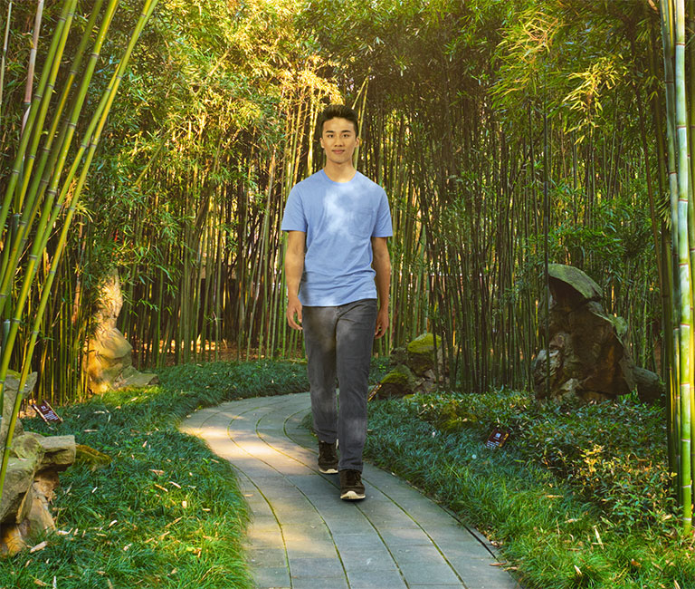 Man with a blue shirt walking down a path