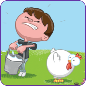 Cartoon-style illustration of a child struggling to carry a bucket of liquid, standing next to a wide-eyed chicken